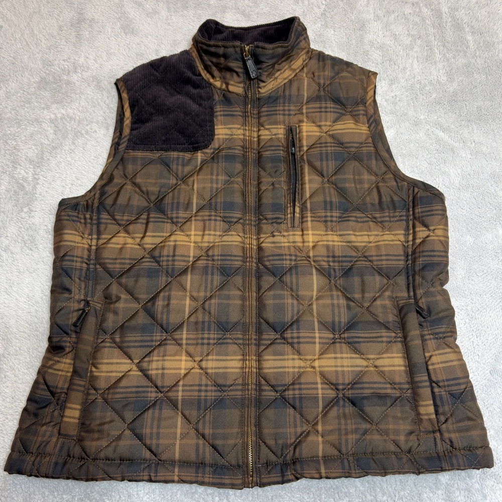 Lauren Ralph Lauren Quilted Vest Womens Large Brown Plaid Corduroy Trim Full Zip